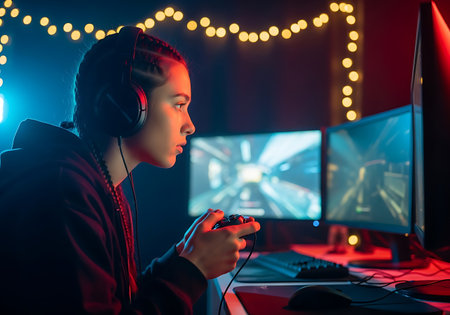 A focused individual wearing headphones plays a video game on a computer setup featuring dual monitors and decorative string lights.の素材