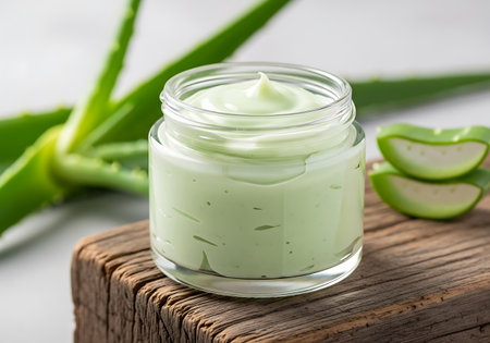 A small glass jar filled with light green aloe vera cream sits on a wooden surface, surrounded by fresh aloe plant pieces.の素材
