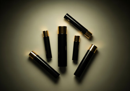 Several dark, slender cylindrical items are displayed in a scattered arrangement on a light surface, creating a visually interesting composition.の素材