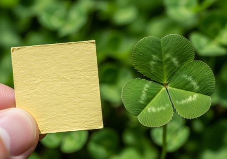 A person's thumb and forefinger hold a small, textured golden square. Beside it, a vibrant green four leaf clover grows.の素材