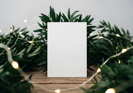 A white blank card is presented centrally, framed by lush green foliage and illuminated by warm, glowing fairy lights.の素材