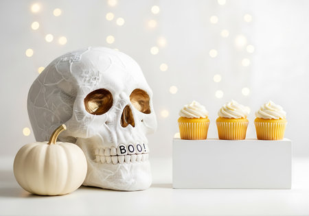 A decorative skull and mini pumpkins sit beside frosted cupcakes, perfect for a festive Halloween celebration.の素材