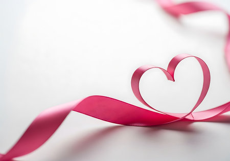 A delicate pink ribbon gracefully forms a heart shape, symbolizing love and affection on a clean white backdrop.の素材