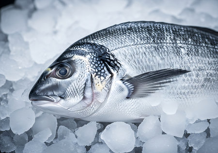 A close-up view of a whole, raw sea bream fish presented on a bed of glistening crushed ice.の素材