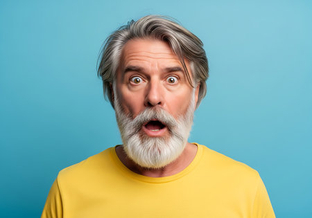 A close-up portrait of an older gentleman with a surprised look, his mouth agape, against a vibrant blue backdrop.の素材