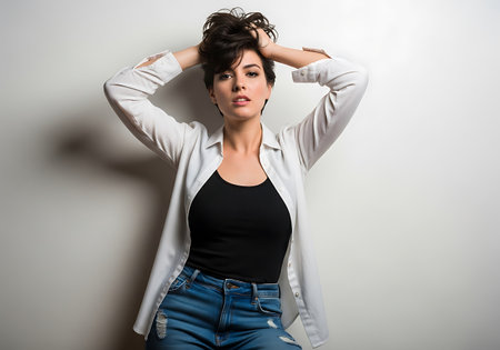 A young woman with dark hair wears a white shirt over a black top and denim jeans, striking a confident pose.の素材