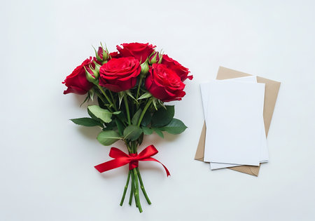 A vibrant arrangement of red roses with green leaves, a satin ribbon, and blank cards for a special message.の素材
