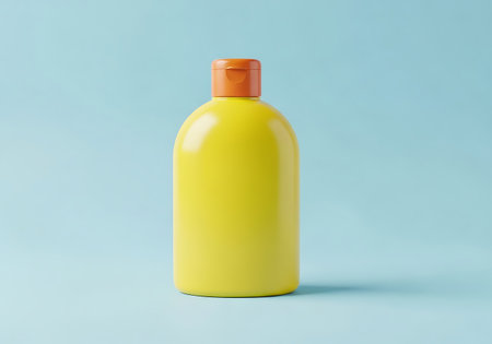 A single, vibrant yellow plastic bottle with an orange flip-top cap stands against a clean, pale blue backdrop.の素材
