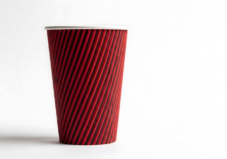 A single, tall, red disposable cup with a corrugated texture stands against a clean white backdrop.の素材