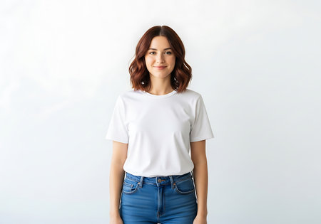 A portrait of a young woman with wavy brown hair wearing a simple white t-shirt and denim jeans, looking directly at the camera with a pleasant expression.の素材