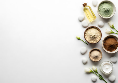 A flat lay composition featuring organic spa treatments, botanical elements, and skincare essentials on a clean white background.の素材