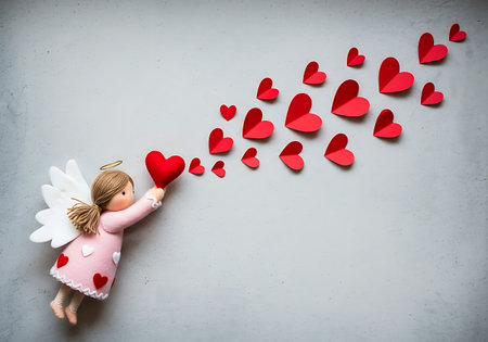 A small cherubic figure with wings blows a cascade of vibrant red heart shapes across a textured grey background.の素材