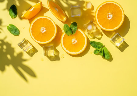 Vibrant overhead shot of sliced oranges, fresh mint leaves, and clear ice cubes scattered on a sunny yellow surface.の素材