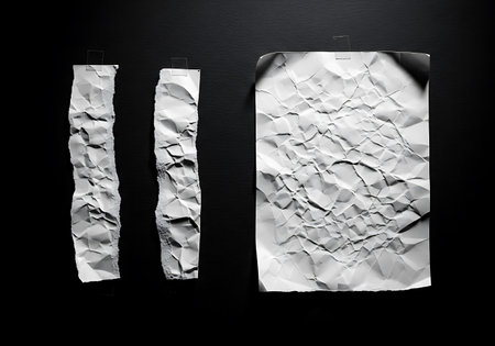 Three pieces of crumpled paper, two long strips and one larger sheet, displayed against a stark black backdrop.の素材