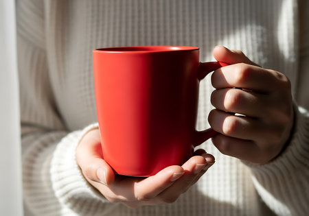 Close-up of hands gently cradling a bright red mug, suggesting warmth and comfort.の素材