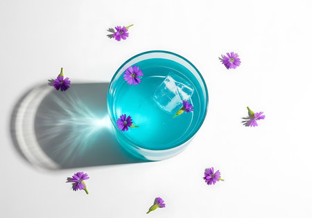 A vibrant blue drink in a glass, adorned with small purple flower petals, casting a soft shadow.の素材