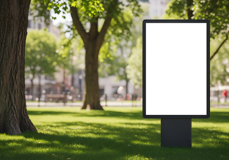 A vertical digital display stands in a sunlit park, surrounded by trees and green grass, ready for content.の素材