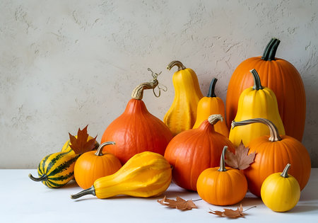 A vibrant collection of assorted squash and pumpkins arranged for a festive fall decoration against a textured background.の素材