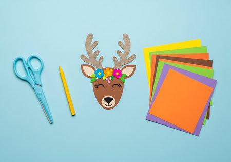 A collection of craft materials including scissors, a marker, a reindeer cutout, and colorful paper sheets arranged on a blue background.の素材