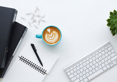 A clean and organized workspace featuring a laptop, coffee, notebook, pen, and a small potted plant.の素材