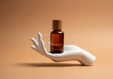 A small amber glass bottle with a dropper cap rests on a white artistic hand sculpture against a soft beige backdrop.の素材