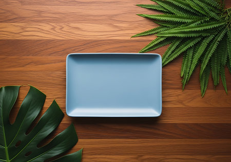 A minimalist overhead view of a pale blue ceramic dish placed on a warm wooden background, accented by lush green foliage.の素材