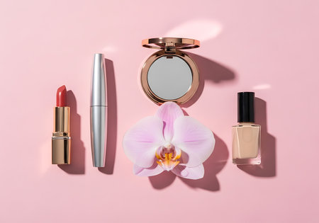 A collection of beauty products including lipstick, mascara, and nail polish, artfully arranged with a delicate orchid.の素材