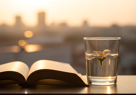 A quiet moment of reading with a refreshing drink as the sun sets over a distant urban landscape.の素材