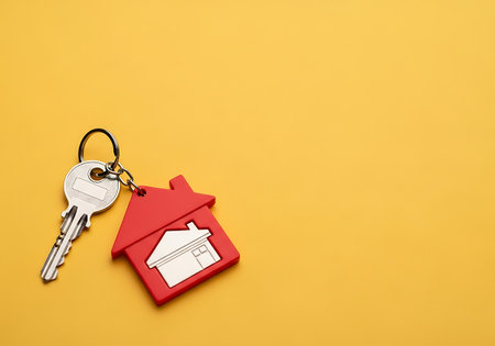 A silver key with a red house shaped charm rests on a bright yellow surface, symbolizing home ownership.の素材
