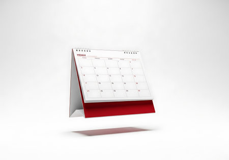 A minimalist composition featuring a freestanding desk calendar with red and white pages, suspended in mid-air.の素材