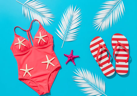 A vibrant coral one-piece swimsuit adorned with starfish, paired with red and white striped flip flops, set against a bright blue backdrop with palm fronds.の素材
