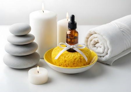 A serene spa arrangement featuring stacked stones, lit candles, a rolled towel, and a bottle of essential oil on a bed of bath salts.の素材