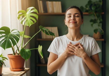 A woman with closed eyes and a peaceful smile places her hands over her heart, embodying gratitude and inner calm.の素材