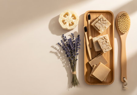 A flat lay of natural bath and body products including soap, loofah, toothbrush, and lavender, arranged on a wooden tray with soft lighting.の素材