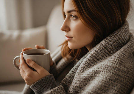 A pensive young woman is wrapped in a cozy blanket, holding a mug of hot coffee, looking out thoughtfully.の素材