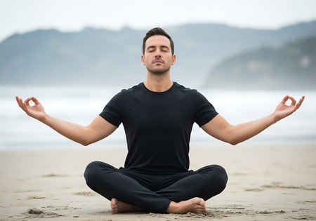 A man sits in a meditative lotus pose on a sandy beach with his eyes closed and hands in Gyan Mudra.の素材