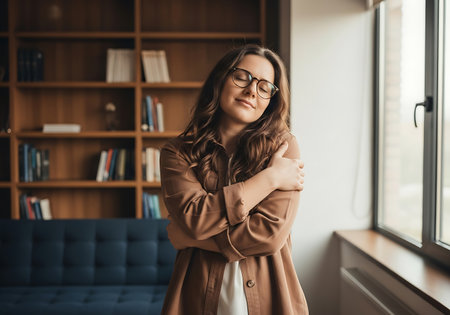 A young woman with glasses and long, curly hair hugs herself, eyes closed, in a room with bookshelves and a window.の素材