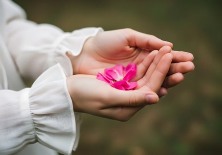 A close-up shot shows a vibrant pink flower petal resting in the soft, cupped hands of a person wearing a white ruffled sleeve.の素材