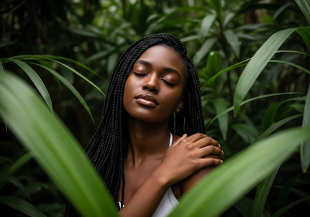 A young Black woman with braided hair is peacefully posed with closed eyes, surrounded by vibrant, verdant leaves in a natural setting.の素材