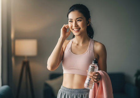 A smiling young woman in athletic wear holds a water bottle and towel, adjusting her earbuds, ready for a workout.の素材