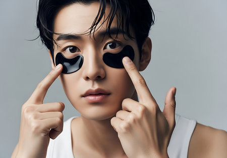 Attractive asian woman with black eye patches, isolated on greyの素材