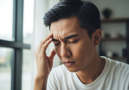 A close-up of a young Asian man with his eyes closed, holding his temple in pain, showing signs of stress or a headache.の素材