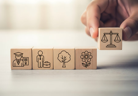 A hand adds a wooden block with the scales of justice symbol to a line of blocks representing education, career, nature, and health.の素材