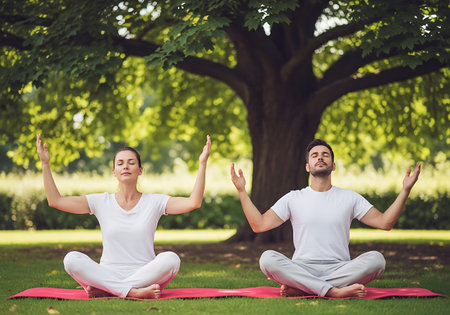 A man and woman in white clothing sit cross-legged on a red mat, meditating with raised arms in a park setting.の素材
