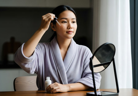 A woman in a robe applies serum to her face while looking in a mirror, a bottle of product in her hand.の素材