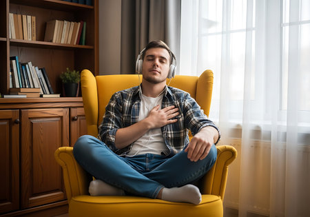 A young man with eyes closed and hand on chest, wearing headphones, sits cross-legged in a yellow armchair, appearing to meditate.の素材