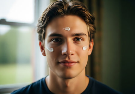 Close-up portrait of a young man with dabs of white cream on his cheeks and forehead, looking directly at the camera.の素材
