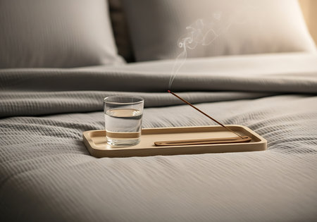 A clear glass of water sits on a small wooden tray placed on a rumpled, neutral-toned bed.の素材