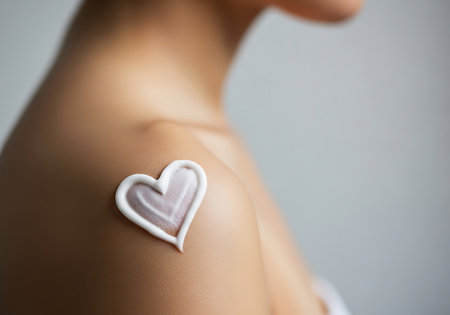 A close-up shot of a heart-shaped dollop of white cream or lotion applied to a person's shoulder.の素材