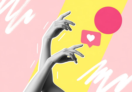 Abstract collage featuring graceful hands reaching towards a social media like icon and a pink circle against a vibrant yellow and pink background.の素材